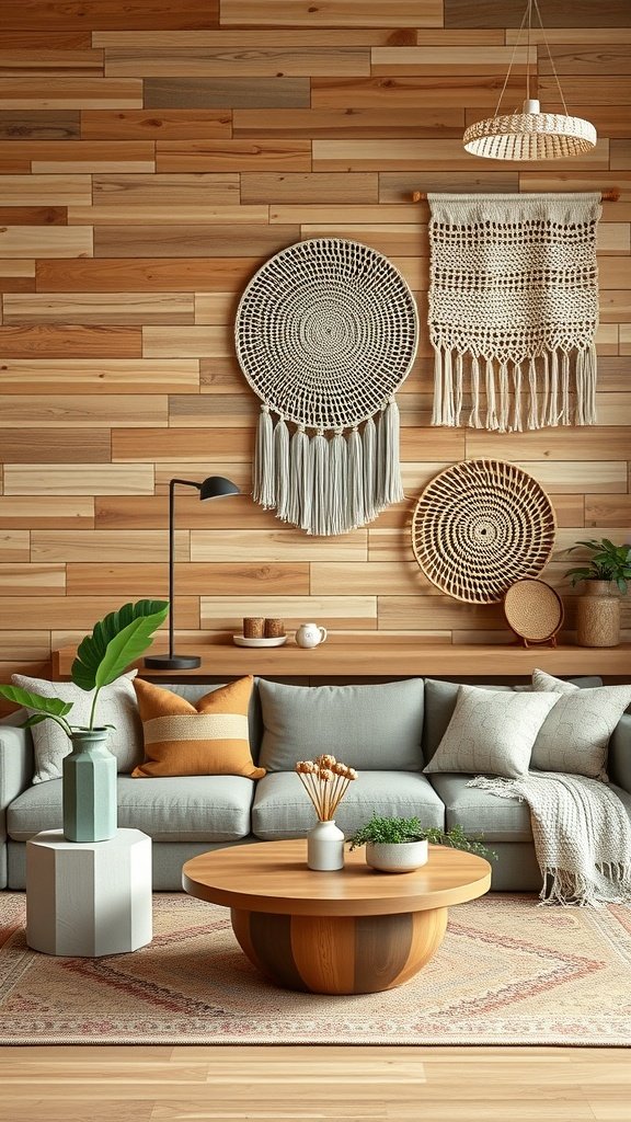 A cozy living room with a wooden wall, woven wall hangings, a gray sofa, and a round coffee table.