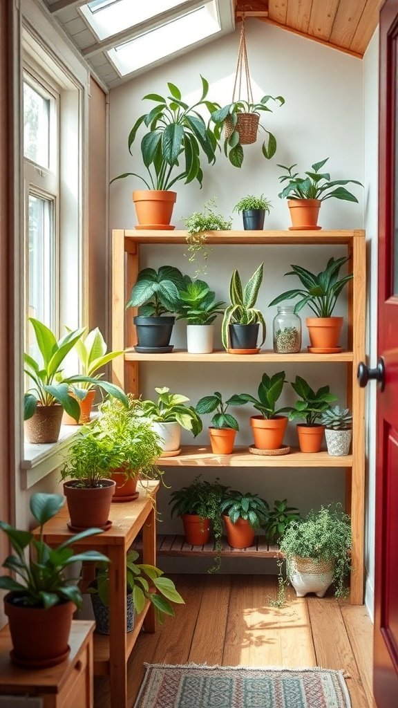 A bright corner of a tiny house featuring tiered wooden plant shelves filled with various potted plants.