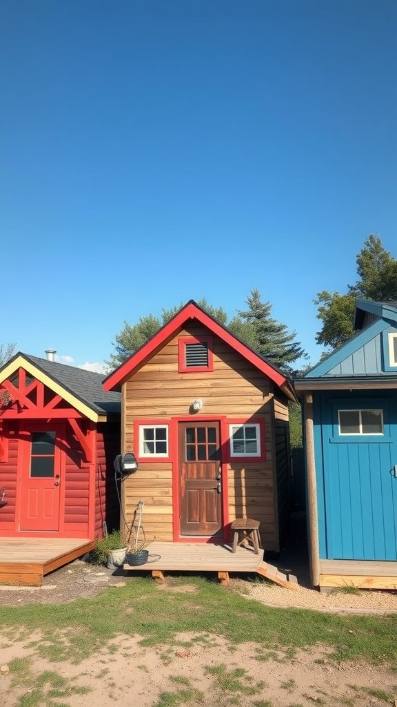 A row of colorful tiny houses in a community setting under a clear blue sky.