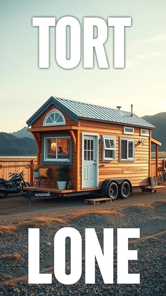 A tiny house on wheels with a wooden exterior, large windows, and a sloped roof, set against a scenic backdrop.