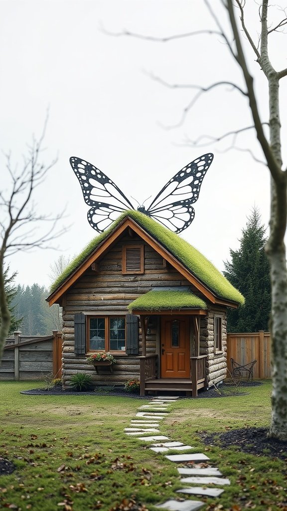 A tiny wooden house with a butterfly-shaped roof and a mossy top, surrounded by a garden path.