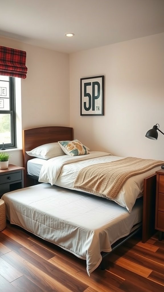 A cozy bedroom featuring a trundle bed with a top mattress and a hidden bottom mattress, showcasing space efficiency.