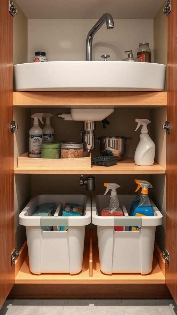 Organized under-sink cabinet with cleaning supplies and storage bins