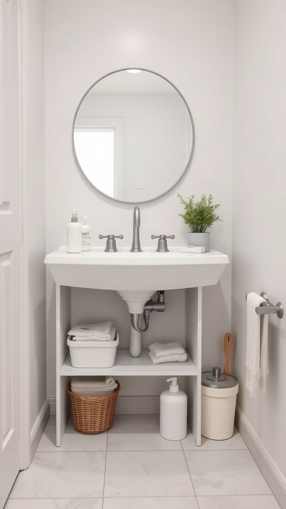 Modern under-sink organizer with open shelving and neatly arranged items