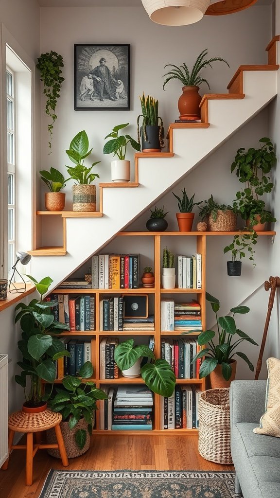 Under-stair shelving unit with books and plants, showcasing a cozy and organized space.