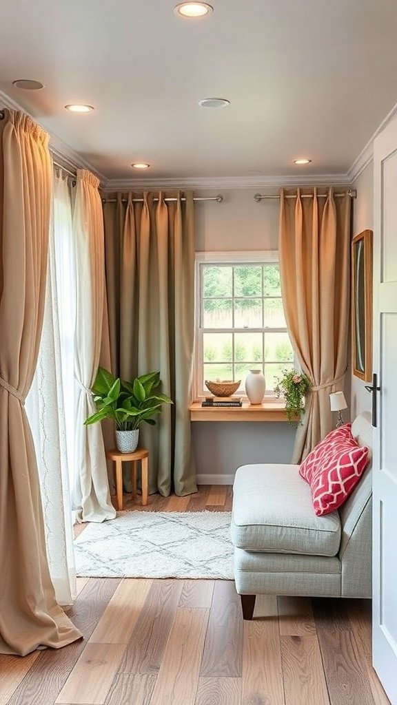 A cozy corner in a tiny house with curtains separating spaces, featuring a sofa and a plant.