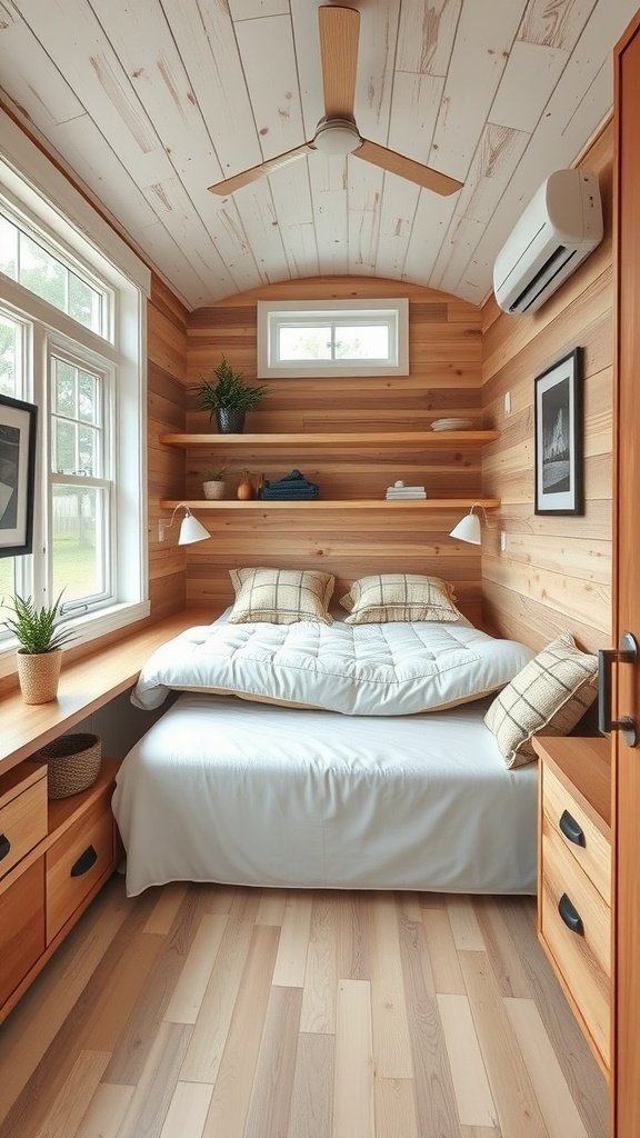 Cozy loft bedroom with multi-functional furniture, including a bed that serves as a seating area and built-in shelves for storage.
