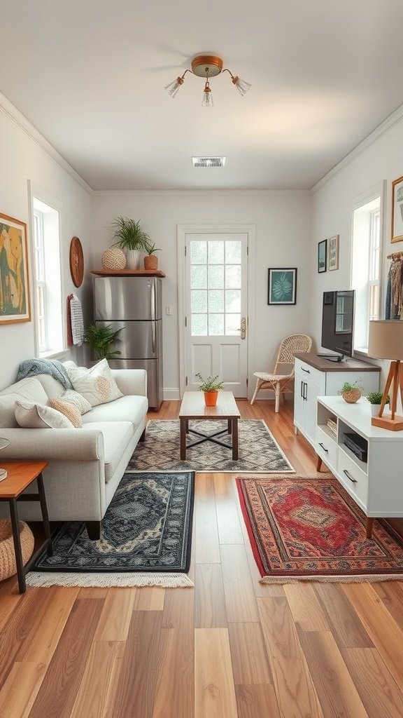 A cozy living area in a tiny house featuring multiple rugs that define different spaces.