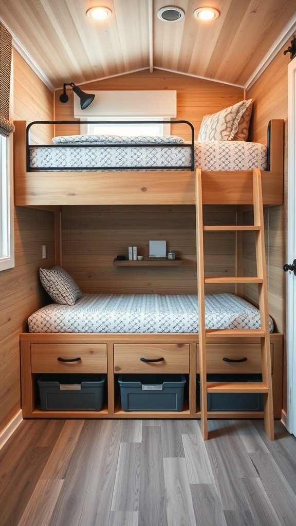 Cozy loft bedroom with elevated bed and under-bed storage drawers