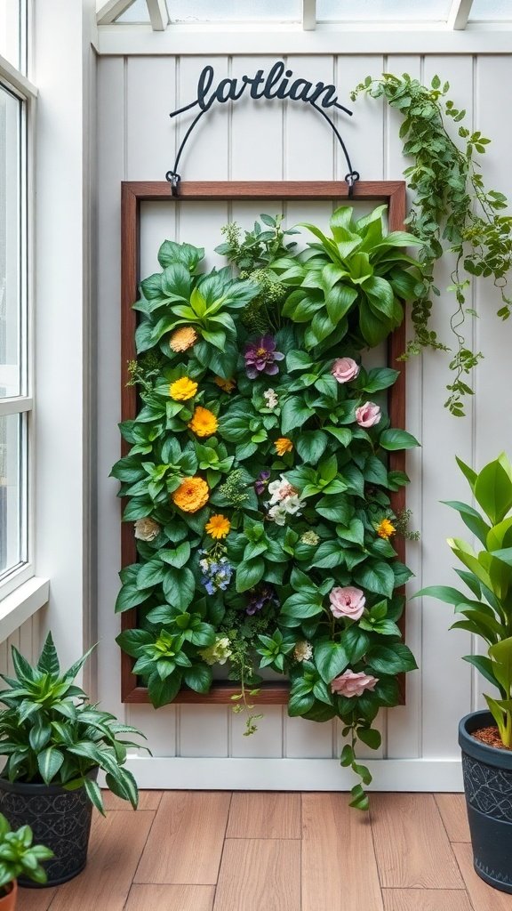 A vertical garden frame filled with various plants and flowers, hanging on a wall.