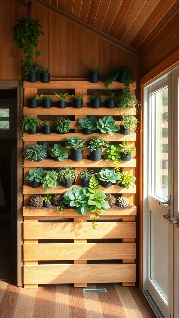 A vertical pallet garden with various plants in black pots arranged on a wooden pallet.