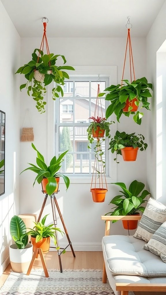 A bright corner in a tiny home featuring vertical plant hangers with various green plants in orange pots.