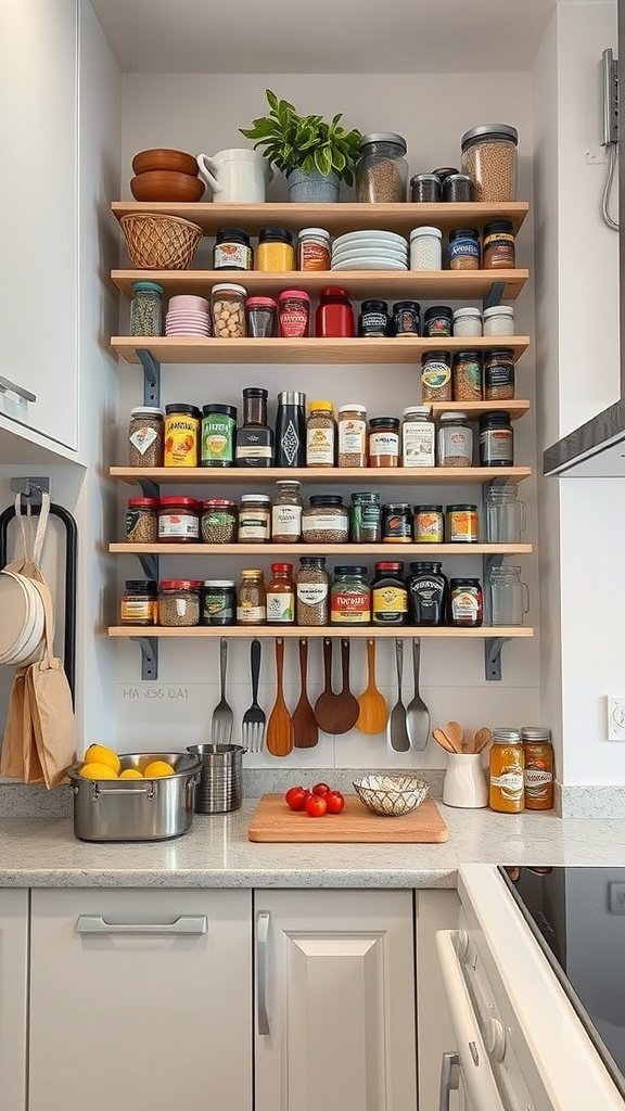 Vertical wall shelves displaying jars, plates, and utensils in a kitchen.