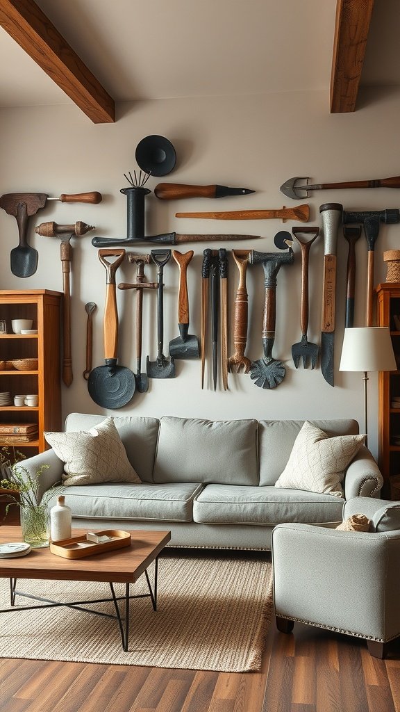 A wall decorated with vintage farm tools above a light gray sofa in a cozy interior.