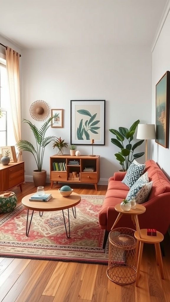 A cozy mid-century living room featuring a coral sofa, coffee table, vintage decor, and plants.