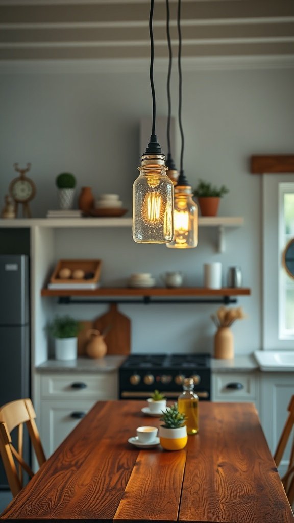 Three vintage mason jar light fixtures hanging above a wooden dining table in a cozy kitchen setting.