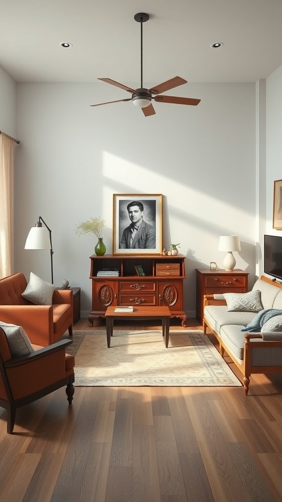 A vintage minimalist living room featuring wooden furniture and soft lighting.