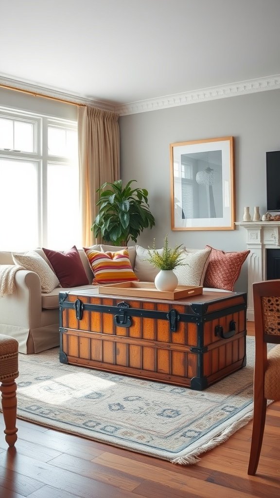 A cozy living room featuring a vintage wooden trunk as a coffee table, surrounded by comfortable seating and decorative pillows.