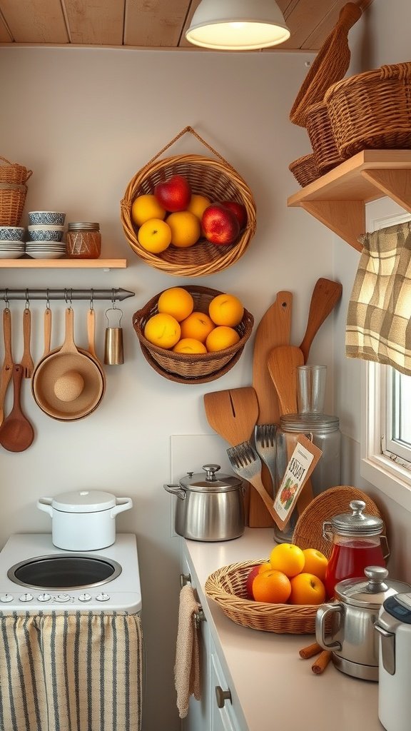 A cozy kitchen featuring wall-mounted baskets filled with fruits, showcasing a creative storage solution.