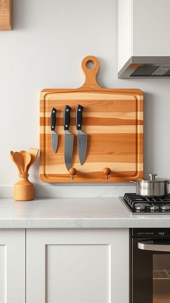 A wall-mounted wooden cutting board with knives hanging below it in a modern kitchen