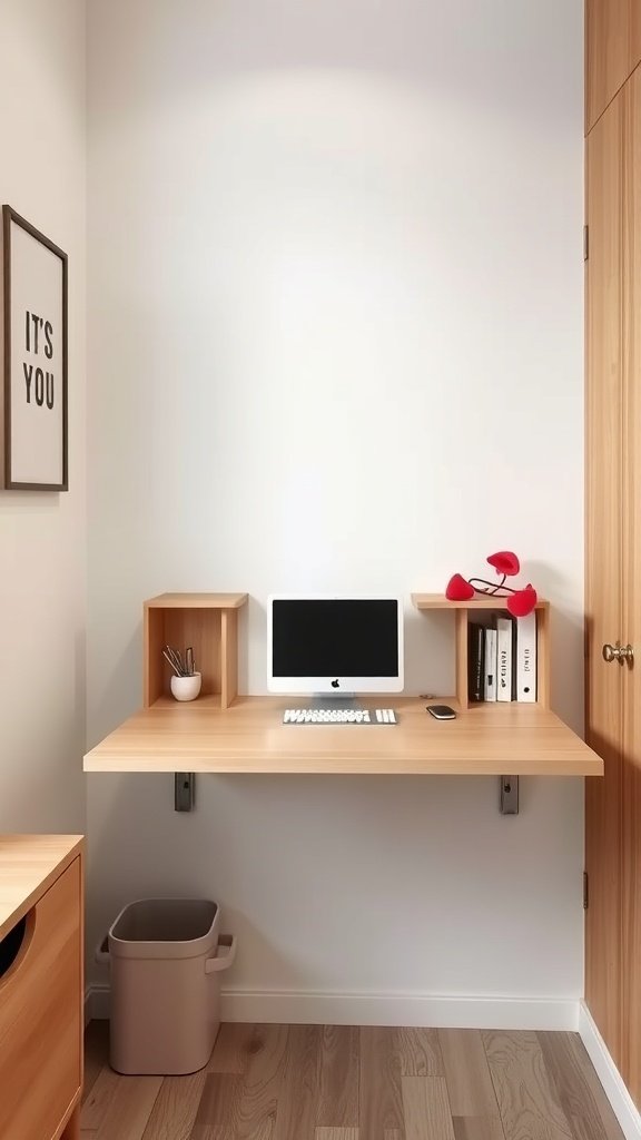 A modern wall-mounted desk with a computer and storage, ideal for small spaces.