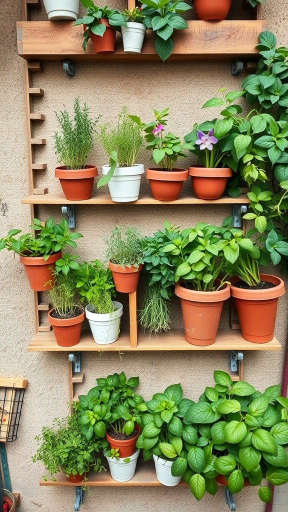 A wall-mounted herb garden with various plants in pots on wooden shelves.