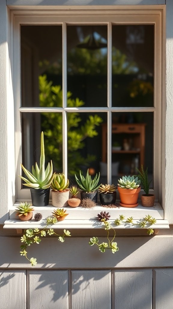 A bright window sill adorned with various succulents in different pots.