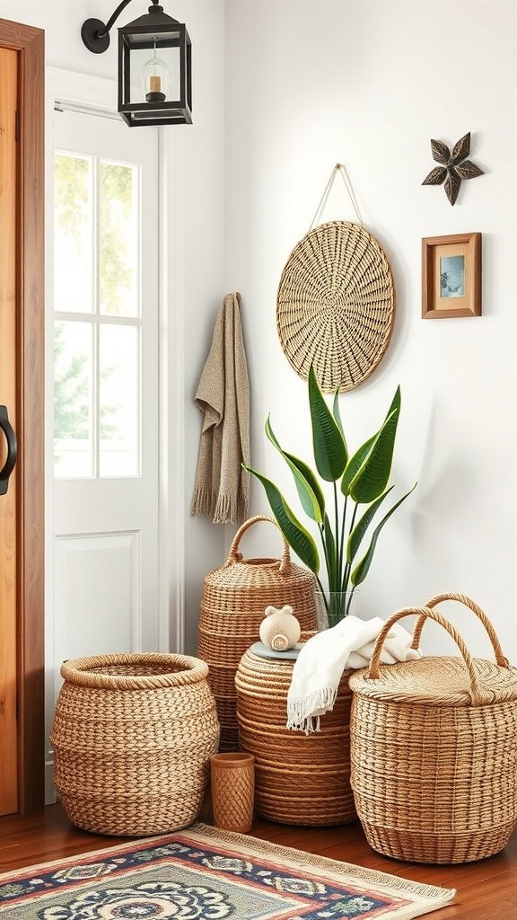 A cozy entryway featuring various woven baskets for storage, a plant, and rustic decor elements.