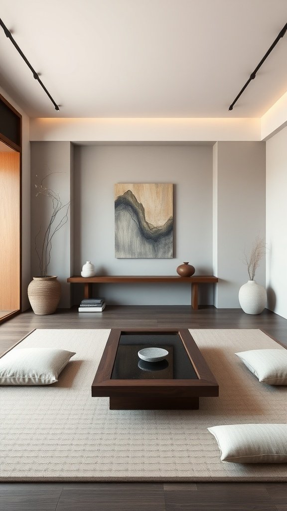 A minimalist living room with a Zen-inspired design featuring low furniture, floor cushions, and natural elements.