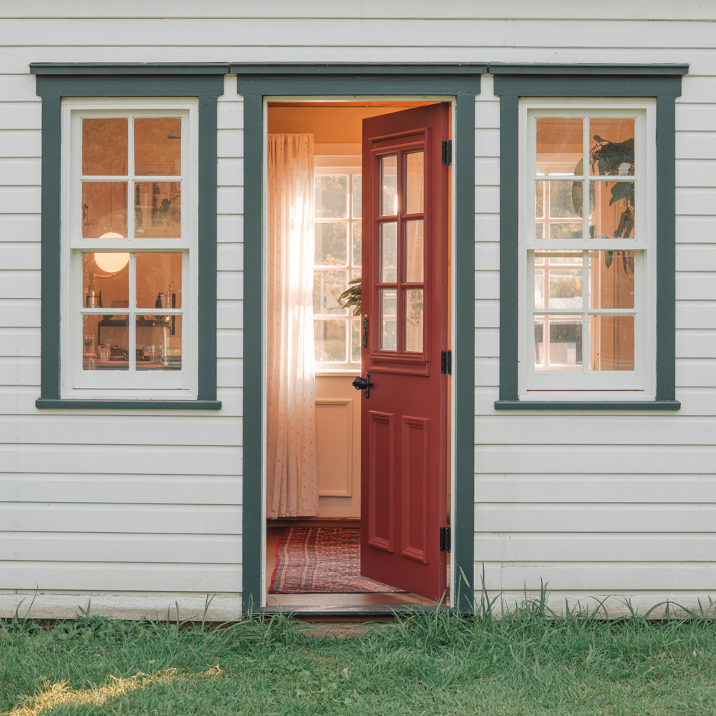 Cheerful red entry door and large windows enhancing tiny house curb appeal.