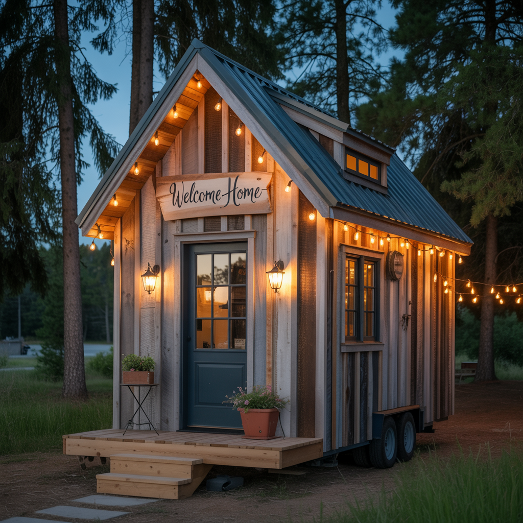 Tiny house at twilight with glowing porch sconces and string lights