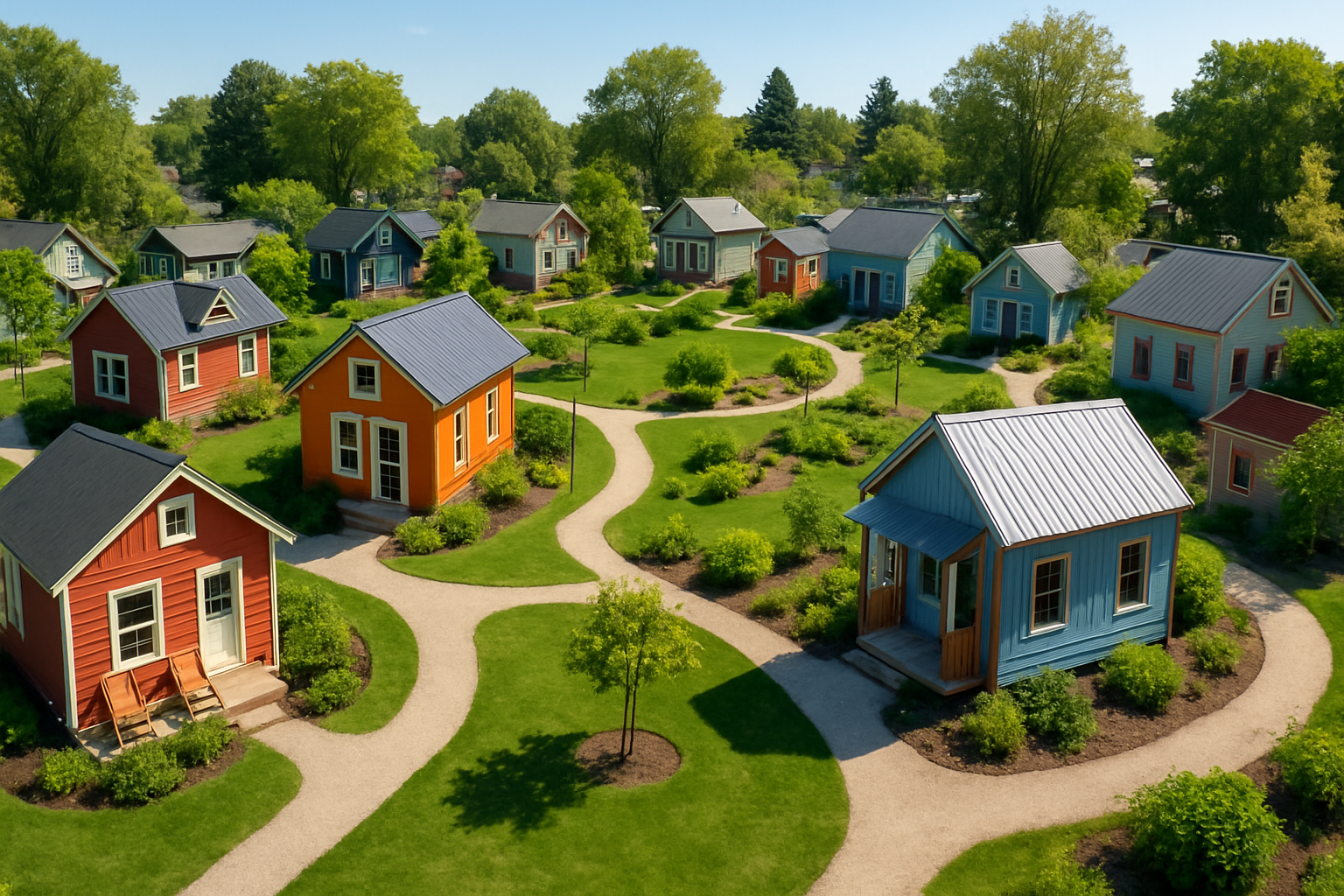 A vibrant tiny house community with diverse tiny homes, communal green spaces, and walking paths.