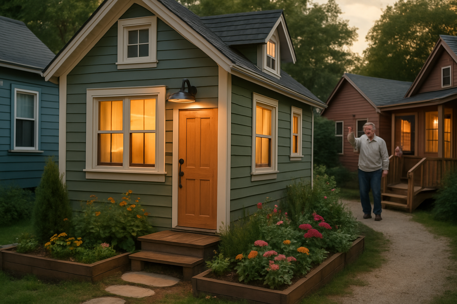 A close-up of a tiny house within a community, showing a small garden and a friendly neighbor waving.