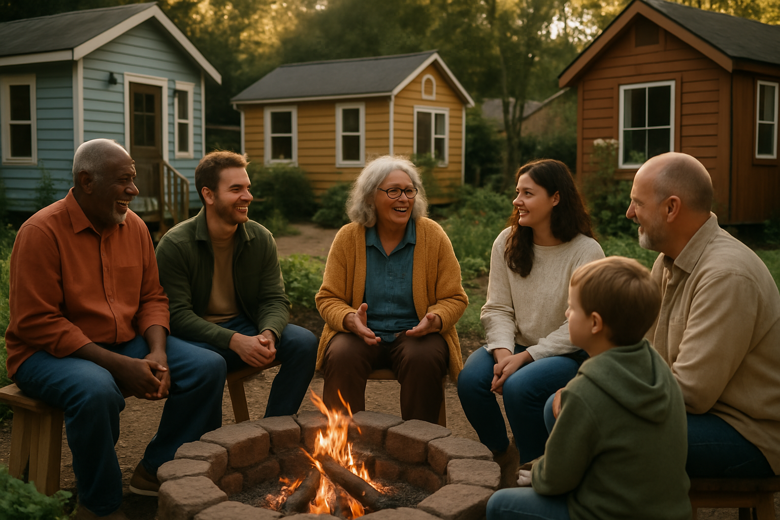 A group of people gathered in a communal area of a tiny house community, perhaps around a fire pit or shared garden, diverse ages, happy and engaged.