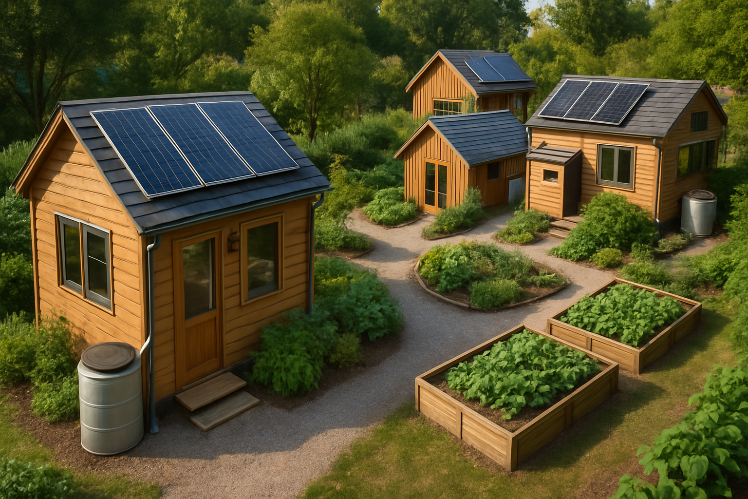 A tiny house community with sustainable features like solar panels and rainwater harvesting systems, eco-friendly design.