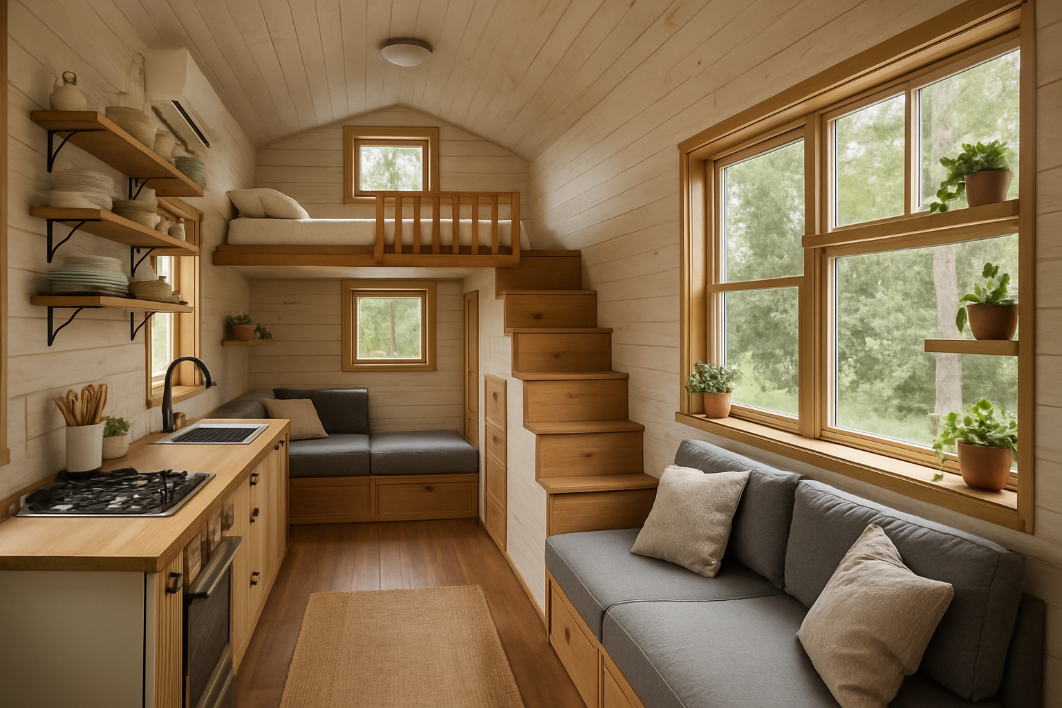 An interior shot of a modern, well-designed tiny house, showcasing efficient use of space and comfortable living.