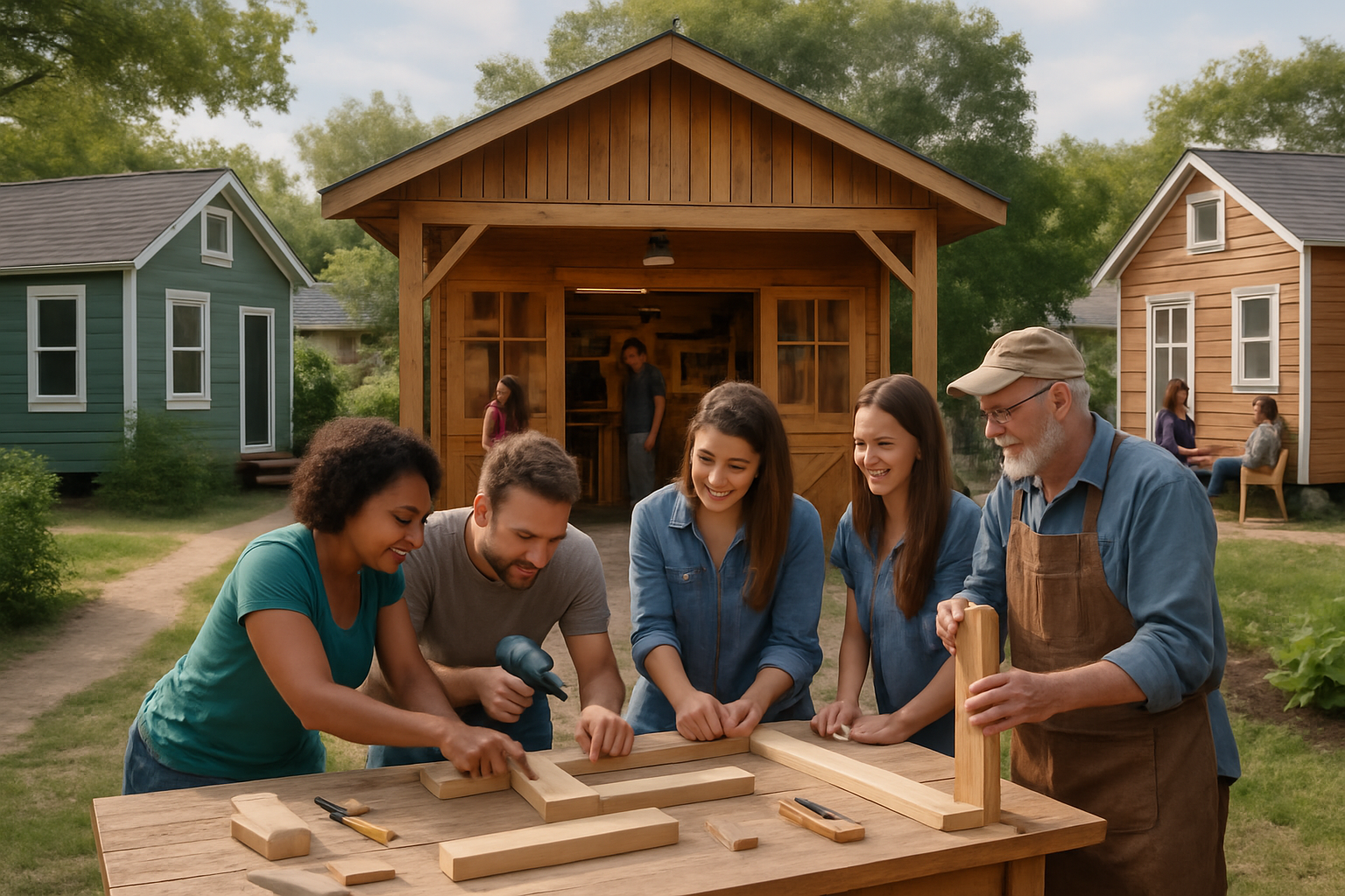 A tiny house community with a shared workshop or common building, people collaborating on a project, sense of community and shared resources.