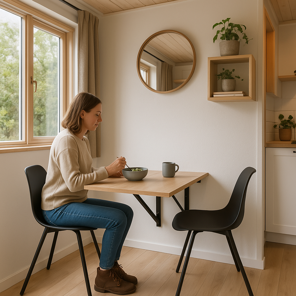 A modern tiny house interior featuring a stylish fold-down dining table attached to a wall, with two chairs, in use. The image should highlight the space-saving aspect.