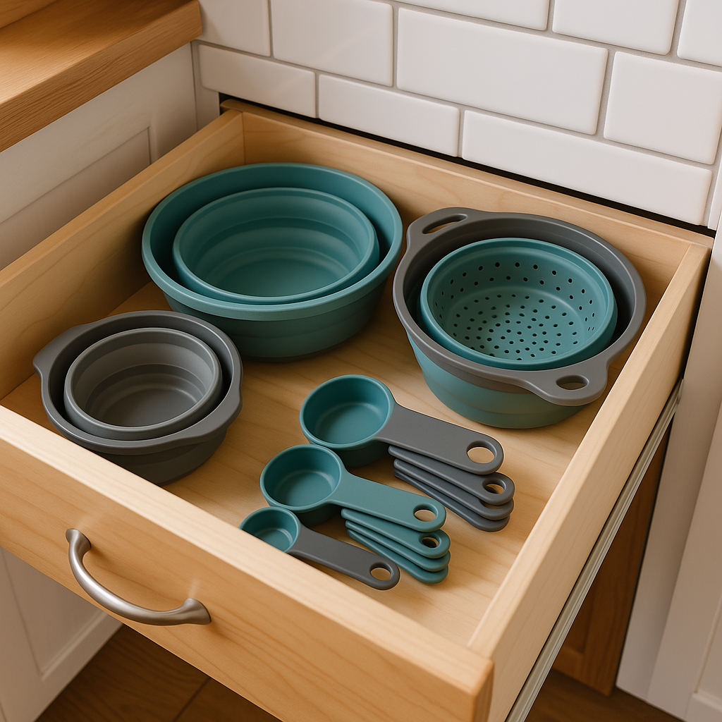 A collection of collapsible kitchenware (e.g., bowls, colander, measuring cups) neatly stored in a tiny house kitchen drawer or on a shelf, showcasing their compact design.