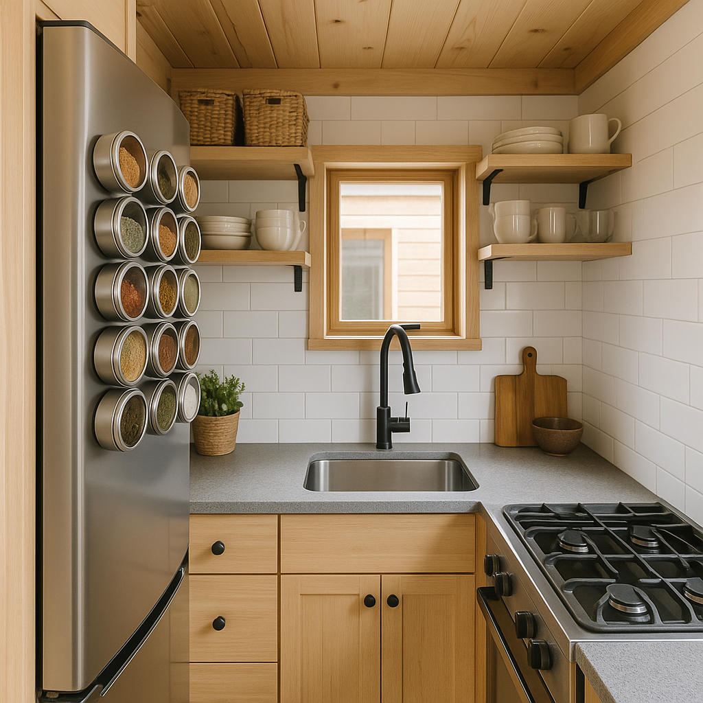 A tiny house kitchen with a magnetic spice rack mounted on a wall or refrigerator, holding various spices. The image should emphasize efficient vertical storage.