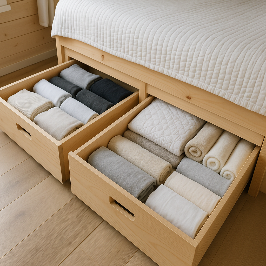 Close-up of under-bed storage drawers in a tiny house, neatly organized with clothes or linens, demonstrating efficient use of often-wasted space.