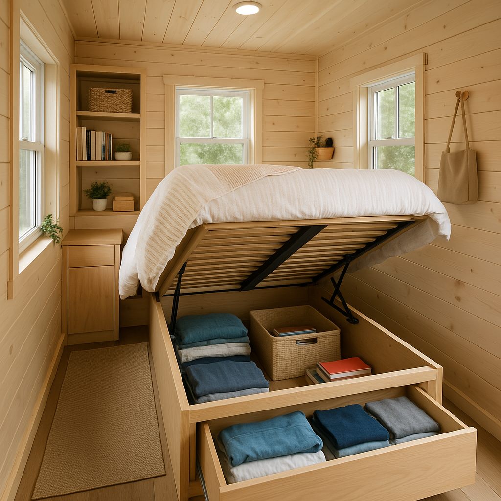 A tiny house bedroom with a bed that has integrated hidden storage drawers or a lift-up mechanism, showing the storage in use with items like clothes or books. The room should look organized and functional.