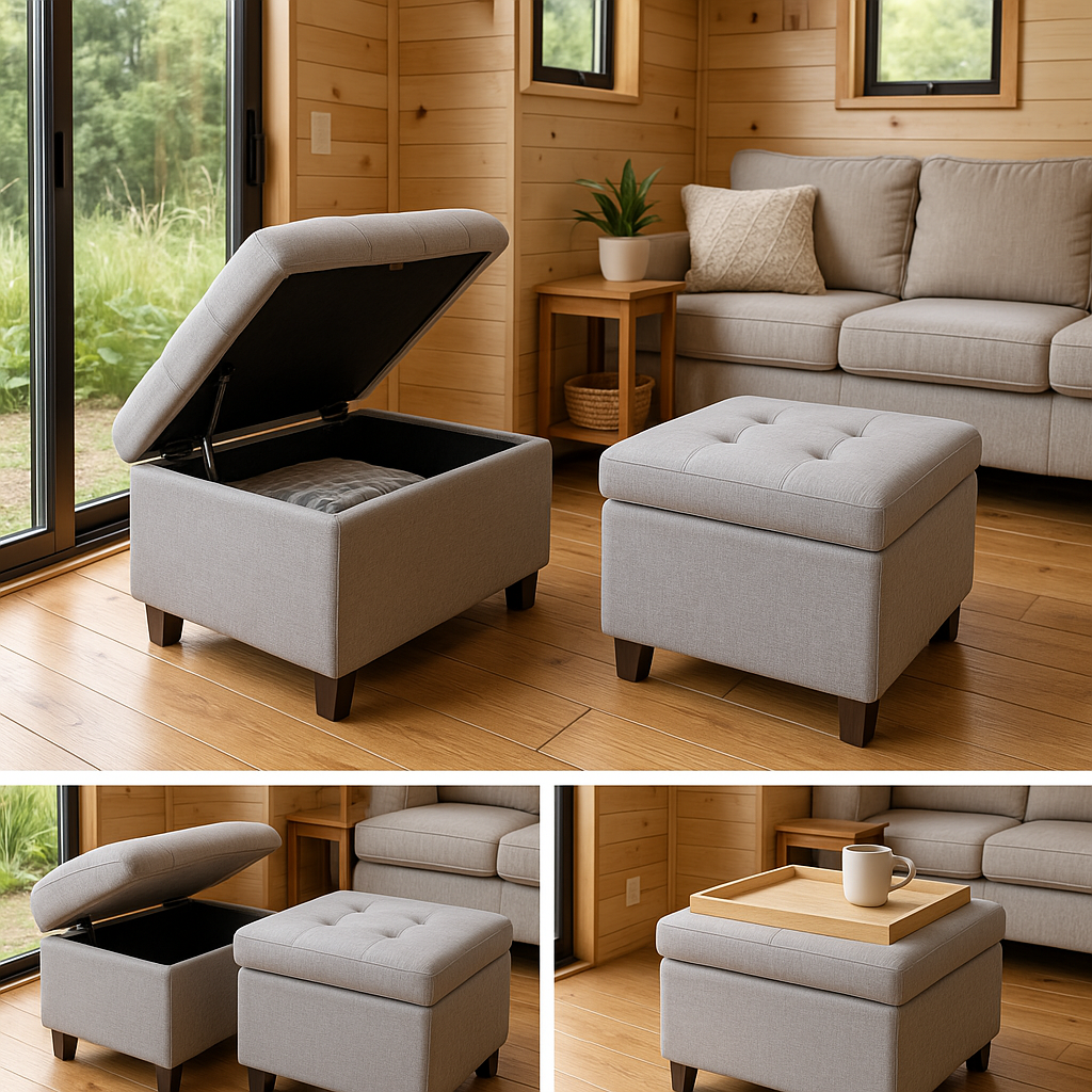 A piece of multi-functional furniture in a tiny house, such as an ottoman that opens for storage and also serves as extra seating or a small table. Show its versatility.