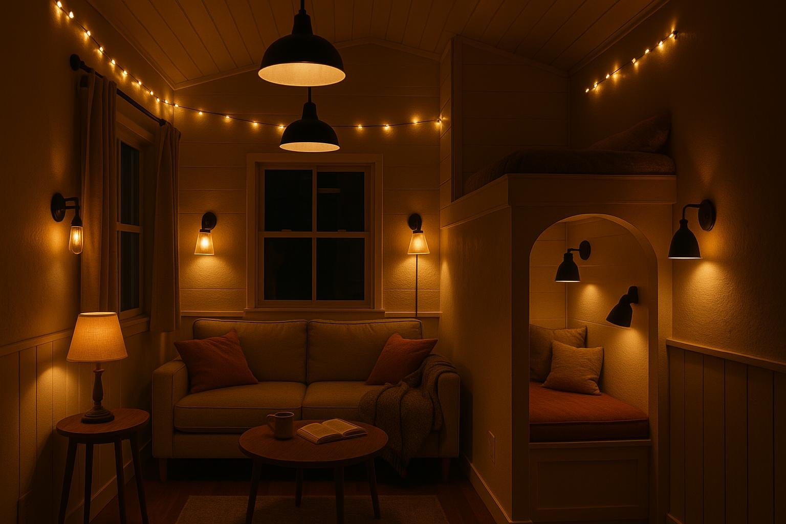 A tiny house living room showcasing layered lighting design for maximum comfort and ambiance