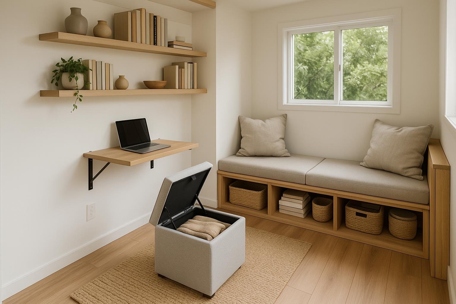 A tiny house living room featuring multi-functional furniture with built-in storage solutions