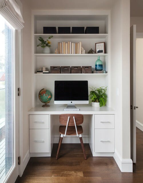 A cozy small space office nook demonstrating efficient use of limited square footage