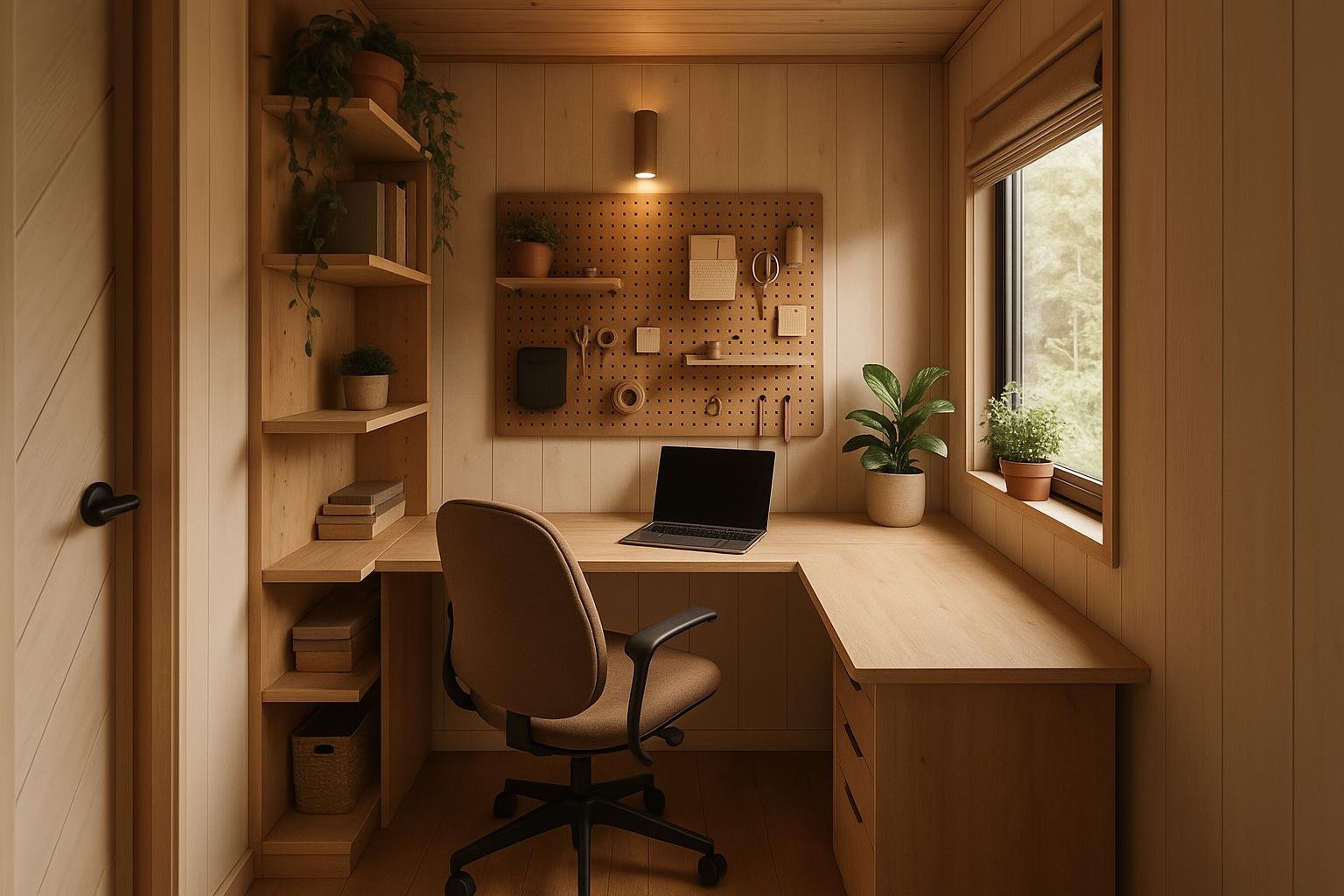 A well-designed corner office nook with L-shaped configuration and organized storage