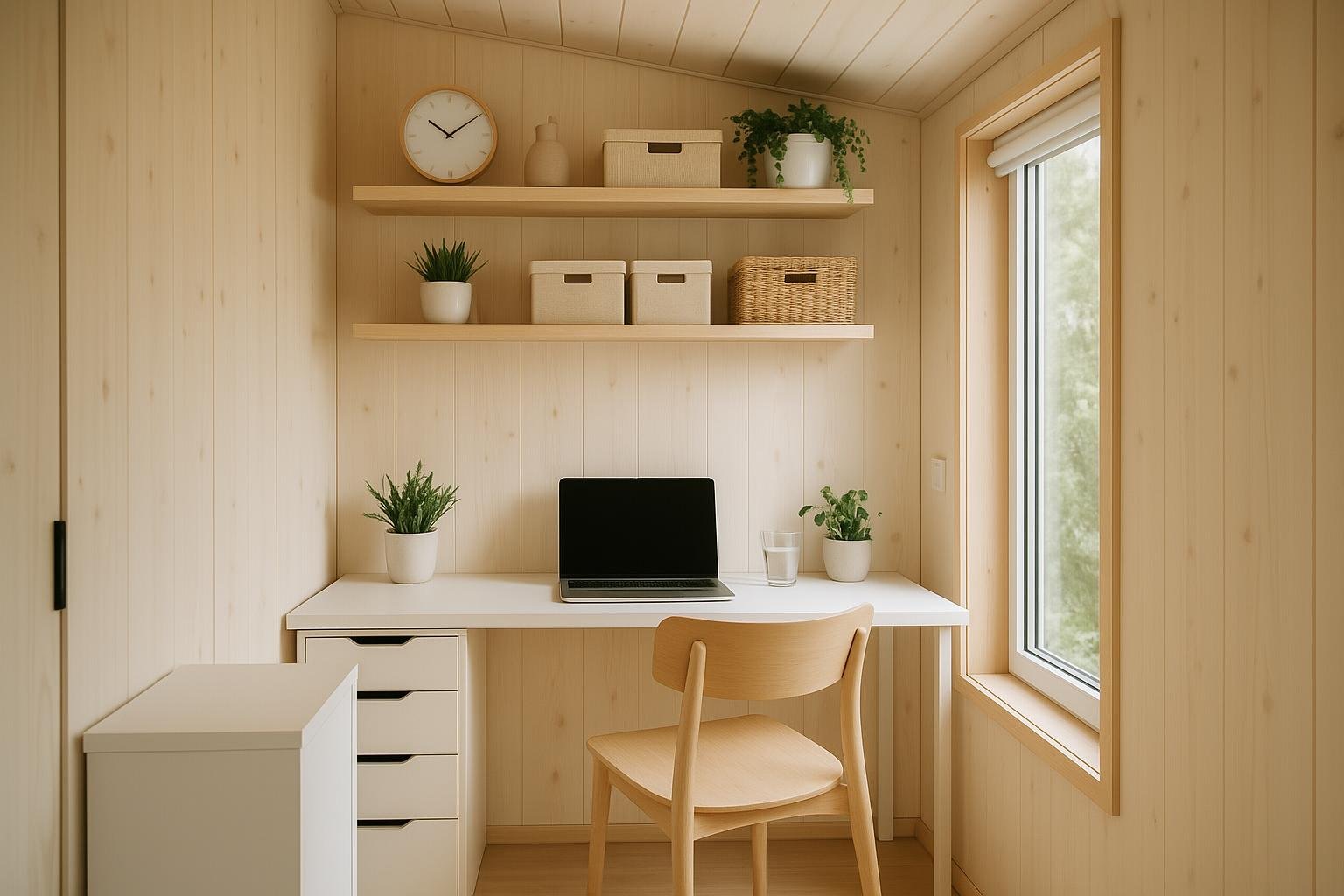Modern floating shelves above a compact desk creating efficient vertical storage