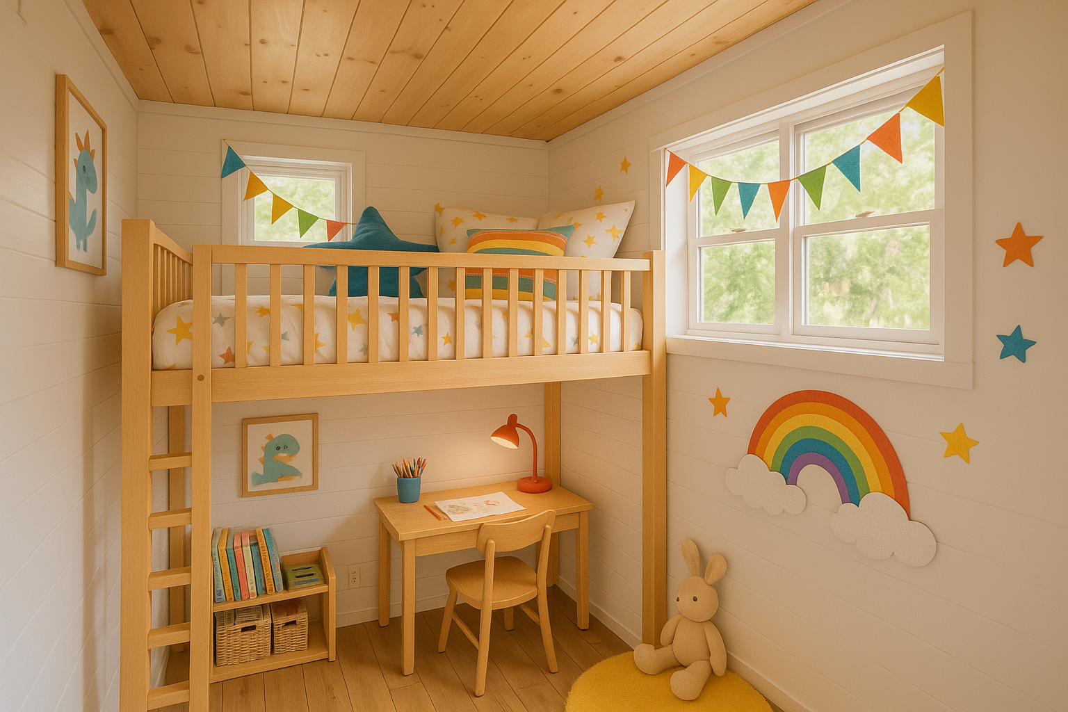 Family- and Kid-Friendly Tiny house tips. A kid's bedroom in a tiny house with a lofted bunk bed, guard rails, and a small desk underneath.