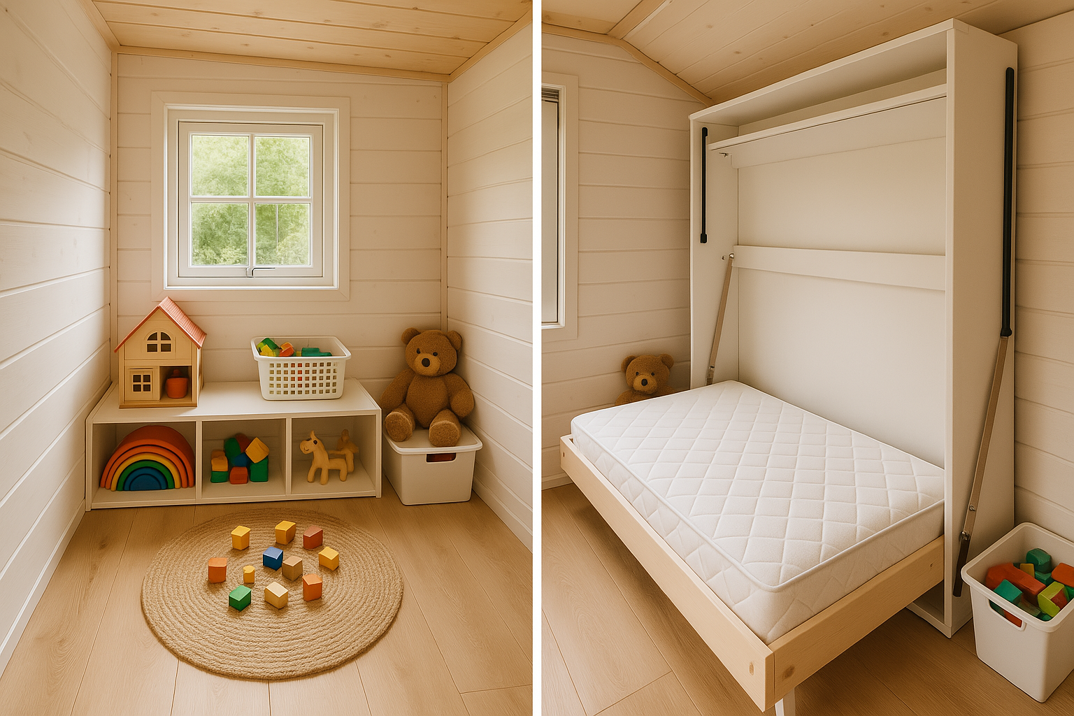 A play corner in a tiny house that converts into a bed. Show toys neatly stored and the bed mechanism.